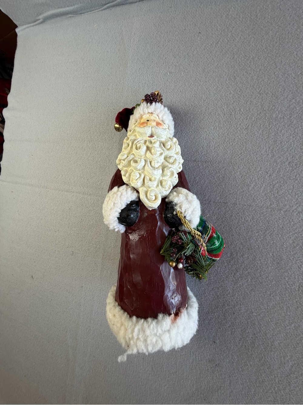Burgundy and White Santa Figurine with Green Gift Sack